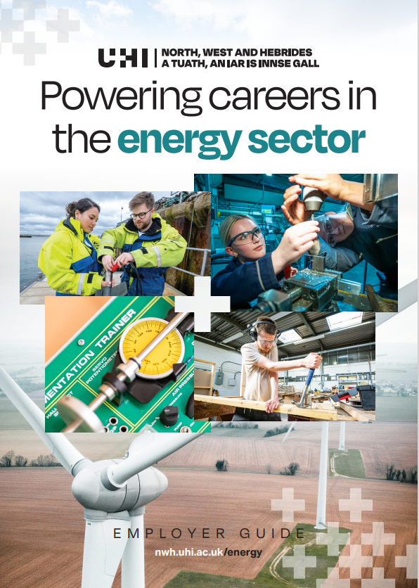 The image shows the front page of UHI North, West and Hebrides' Energy Guide. It features a logo, heading and collage of four images depicting engineering and research, set against am image of a wind turbine.