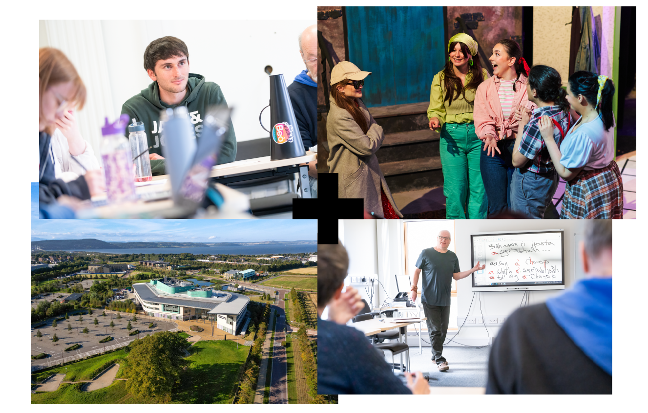 Collage of 4 images | students in UHI Perth doing musical performance | a male student in class | Areal shot of UHI Inverness | Areal shot of UHI SMO Collage of 4 images | students in UHI Perth doing musical performance | a male student in class | Areal shot of UHI Inverness | Areal shot of UHI SMO