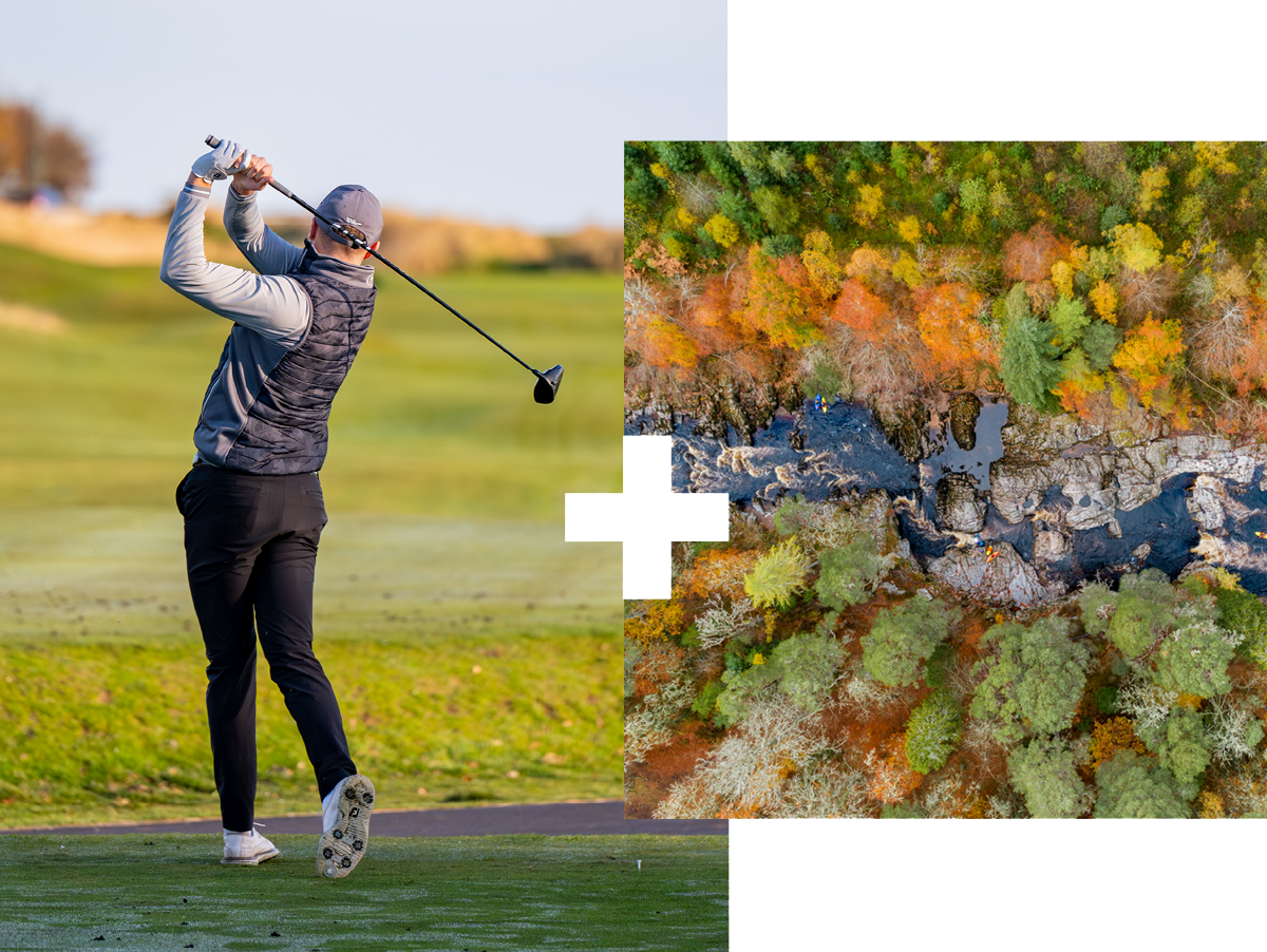 Person swinging a golf club | Aerial view of people canoeing on a river running through a forest Person swinging a golf club | Aerial view of people canoeing on a river running through a forest