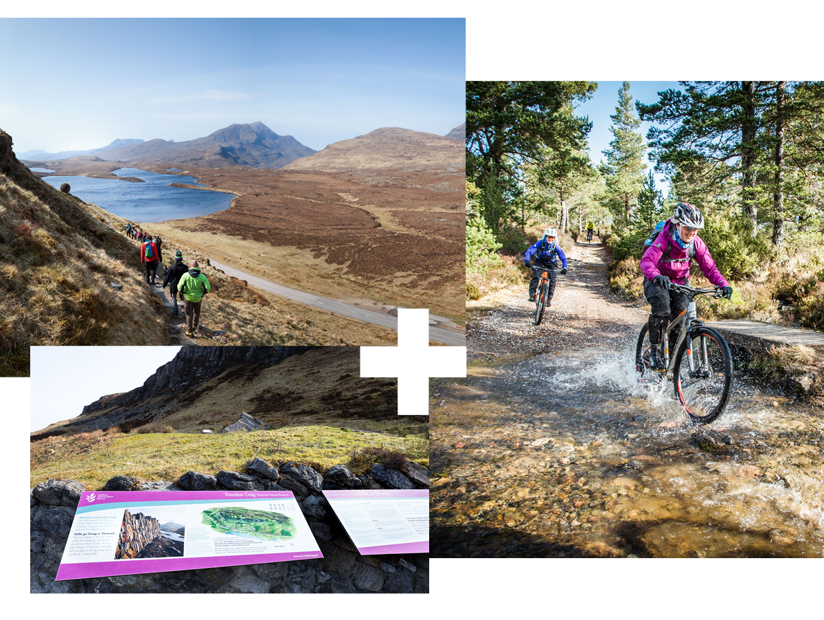 Group walking through science mountain scape | Nature information boards in front of rock formation | Three people mountain biking through a puddle Group walking through science mountain scape | Nature information boards in front of rock formation | Three people mountain biking through a puddle