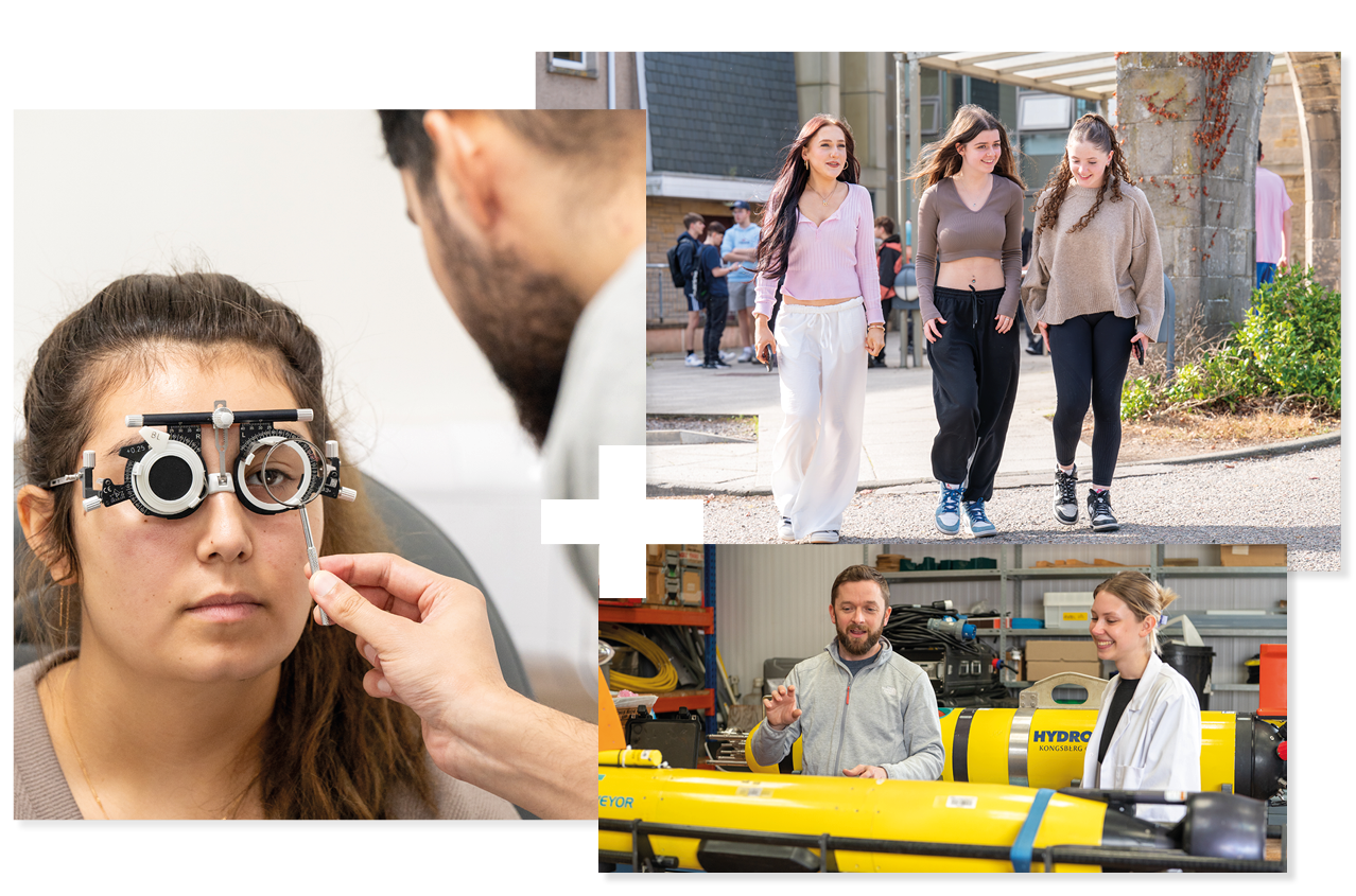 Person having an eye exam | Three people walking together | Two people looking an ocean surveying equipment Person having an eye exam | Three people walking together | Two people looking an ocean surveying equipment